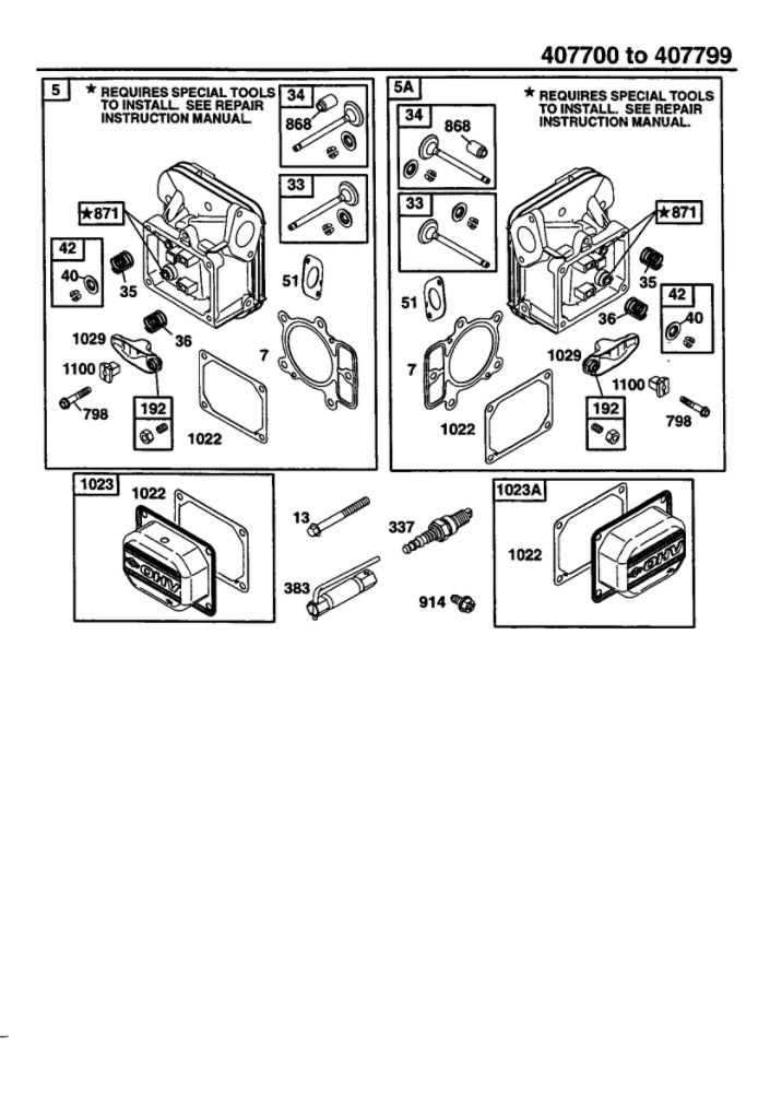 Cylinder Head Diagram and Parts List for 407700-407799 0122-0124-0128 Briggs and Stratton Engine